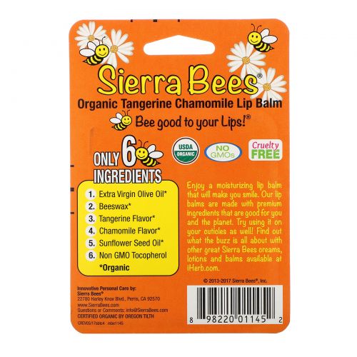 Sierra Bees, Органический бальзам для губ, мандарин и ромашка, 4 шт., 0,15 унции (4,25 г) каждый