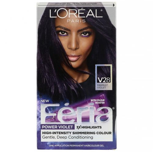 L'Oreal, Высокоинтенсивная мерцающая краска Feria, Power Violet, оттенок V28 глубочайший фиолетовый, на 1 применение