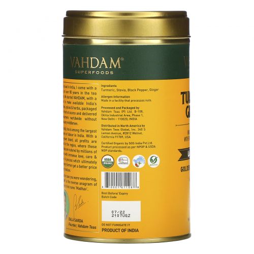 Vahdam Teas, смесь для латте, куркума и имбирь, 100 г (3,53 унции)