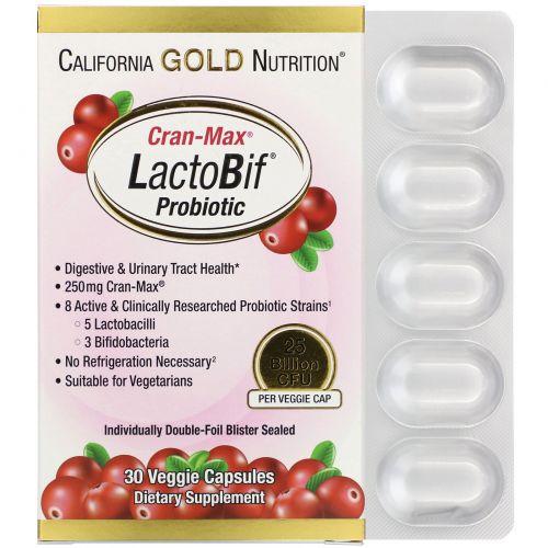 California Gold Nutrition, Пробиотики LactoBif, Cran-Max, 25 млрд КОЕ, 30 растительных капсул