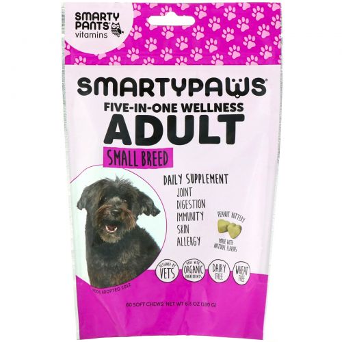 SmartyPants, SmartyPaws, комплексная добавка 5 в 1, для взрослых собак маленьких пород, 60 мягких жевательных таблеток