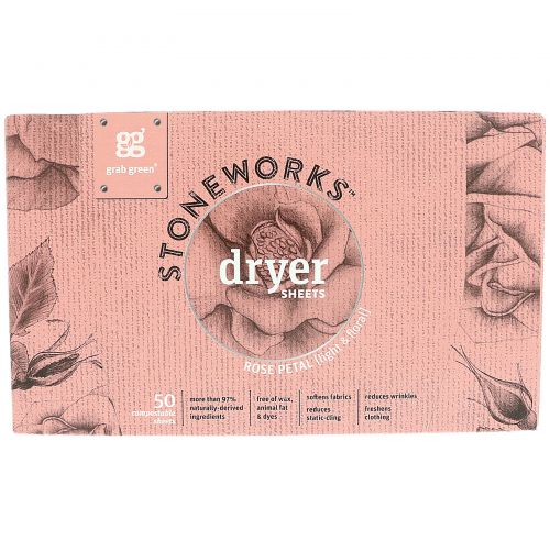 GrabGreen, Stoneworks, Dryer Sheets, Rose Petal, 50 Sheets