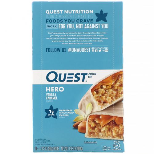 Quest Nutrition, Протеиновый батончик Hero, ванильная карамель, 10 батончиков, 60 г (2,12 унции)