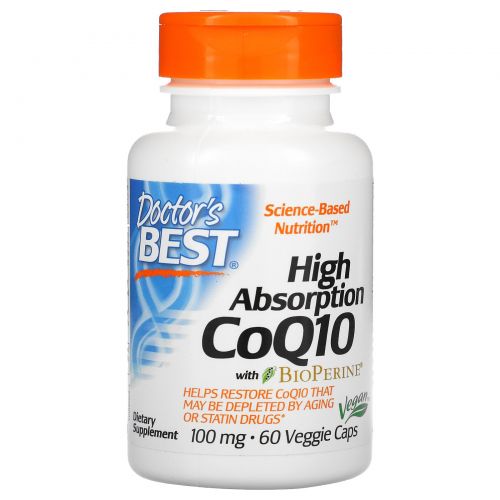 Doctor's Best, Коэнзим Q10 с высокой степенью поглощения, с биоперином, 100 мг, 60 растительных капсул