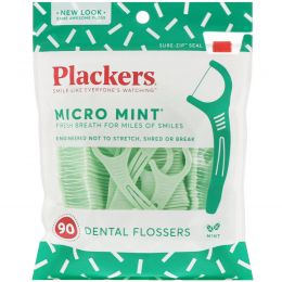 Plackers, Micro Mint, зубочистки с нитью, мята, 90 шт.