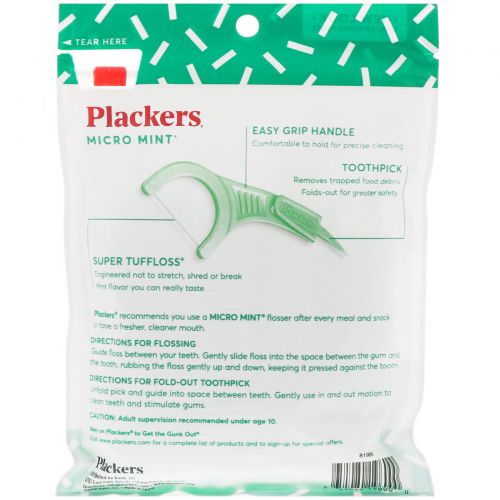 Plackers, Micro Mint, зубочистки с нитью, мята, 90 шт.