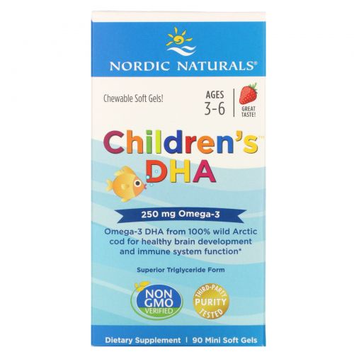Nordic Naturals, Children's DHA, Strawberry, Ages 3-6, 250 mg, 90 Mini Soft Gels