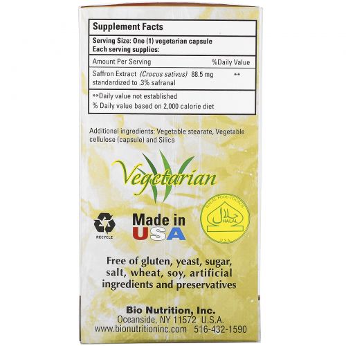 Bio Nutrition, Экстракт шафрана, 50 капсул на растительной основе