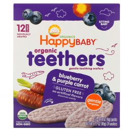Nurture Inc. (Happy Baby), Gentle Teethers, органические вафли для прорезывания зубов, черника и фиолетовая морковь, 12 шт (по 2 в пакете), 4 г (0,14 унций) каждая