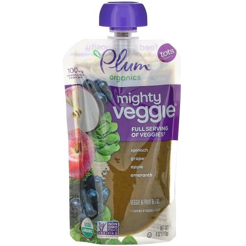 Plum Organics, Mighty Veggie, Spinach, Grape, Apple, Amaranth, 6 Pouches, 4 oz (113 g) Each