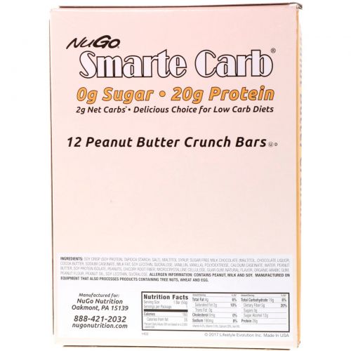 NuGo Nutrition, Smarte Carb, Хрустящие батончики с арахисовым маслом, без сахара, 12 батончиков, 1.76 унций (50 г) каждый