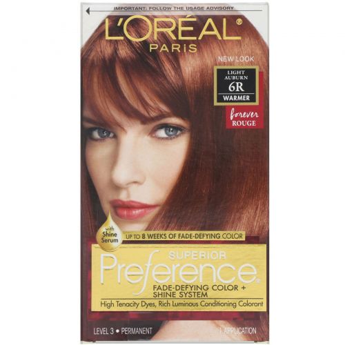 L'Oreal, Superior Preference, краска для волос с технологией против вымывания цвета и системой придания сияния, теплый оттенок, светло-каштановый 6R, на 1 применение