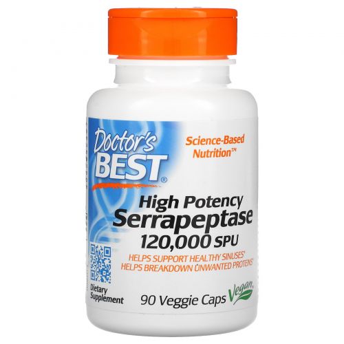 Doctor's Best, Высокоэффективная серрапептаза (Best High Potency Serrapeptase), 120 000 SPU, 90 растительных капсул