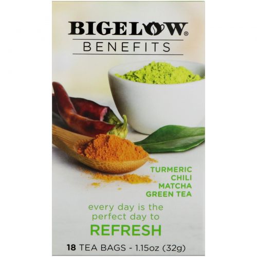 Bigelow, Benefits, Обновление, куркума, чили, маття, зеленый чай, 18 чайных пакетиков, 1,15 унц. (32 г)