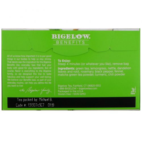 Bigelow, Benefits, Обновление, куркума, чили, маття, зеленый чай, 18 чайных пакетиков, 1,15 унц. (32 г)