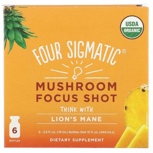 Four Sigmatic, Mushroom Focus Shot, Powerful + Pineapple, 6 Bottles, 2.5 fl oz (74 ml) Each