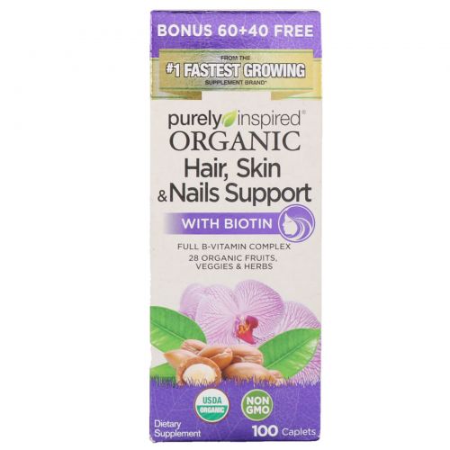 Purely Inspired, Organic Hair, Skin & Nails Support with Biotin, 100 Caplets