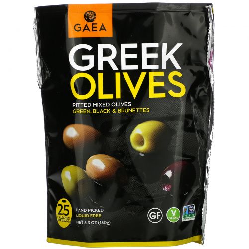 Gaea, Greek Olives, Pitted Mixed Olives, Marinated With Basil and Lemon, 5.3 oz (150 g)