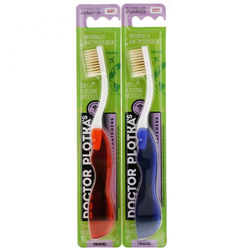 Dr. Plotka, Antimicrobial Toothbrush with Flossing Bristles, Soft , 2 Travel Toothbrushes