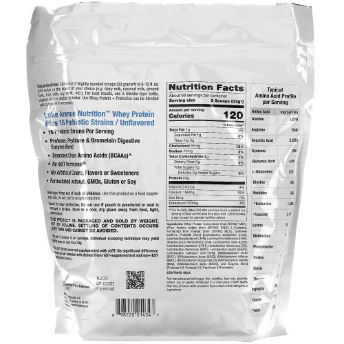 Lake Avenue Nutrition, Whey Protein + Probiotics, Unflavored, 5 lb (2270 g)