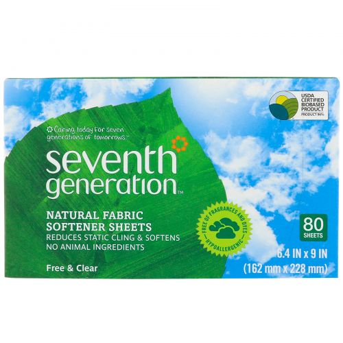 Seventh Generation, Natural Fabric Softener Sheets, Free & Clear,  6.4 in x 9 in, 80 Sheets