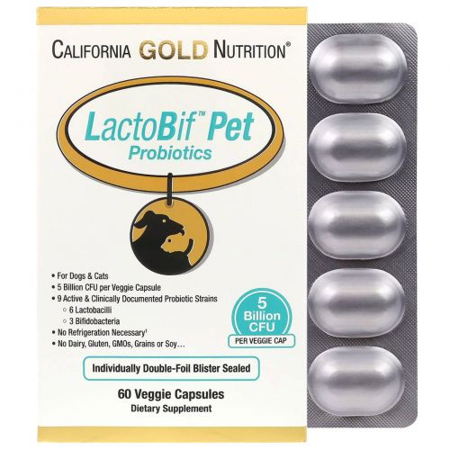 California Gold Nutrition, Пробиотики LactoBif Pet, 5 миллиардов КОЕ, 60 овощных капсул