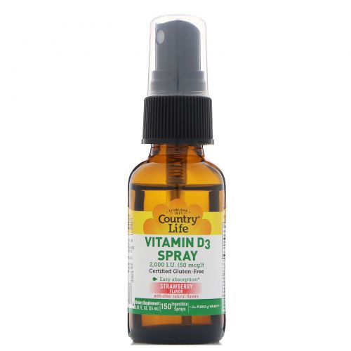 Country Life, Vitamin D3 Spray, Strawberry Flavor, 2,000 I.U. (50 mcg), 150 Ingestible Sprays, 0.81 fl oz (24 ml)