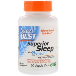 Doctor's Best, Superior Sleep With Sensoril AlphaWave, добавка для улучшения качества сна, 60 вегетарианских капсул