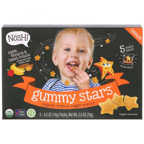 NosH!, Toddler Gummy Stars, Organic Fruit & Veggie Snacks, Apple, Banana & Sweet Potato, 5 Packs, 0.5 oz (14 g) Each