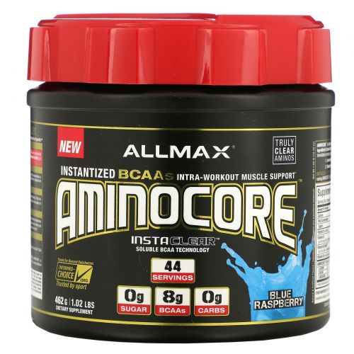 ALLMAX Nutrition, Aminocore, Max Strength BCAAs, 8G BCAAS, 0 Sugar, Gluten Free, Non-GMO, Blue Raspberry, 1 lbs. (462 g)