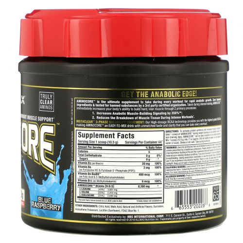 ALLMAX Nutrition, Aminocore, Max Strength BCAAs, 8G BCAAS, 0 Sugar, Gluten Free, Non-GMO, Blue Raspberry, 1 lbs. (462 g)