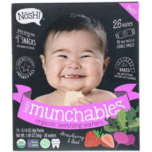 NosH!, Baby Munchables, Organic Teething Wafers, Strawberry & Beet, 13 Packs, 0.14 oz (4 g) Each