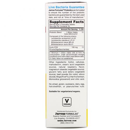 Jarrow Formulas, Jarro-Dophilus Kids, Probiotic + Prebiotic, Sugar Free, Natural Raspberry Flavor, 1 Billion Live Bacteria, 60 Chewable Tablets