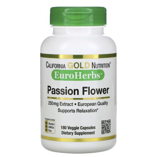 California Gold Nutrition, EuroHerbs, «Пассифлора», 250 мг, 180 растительных капсул