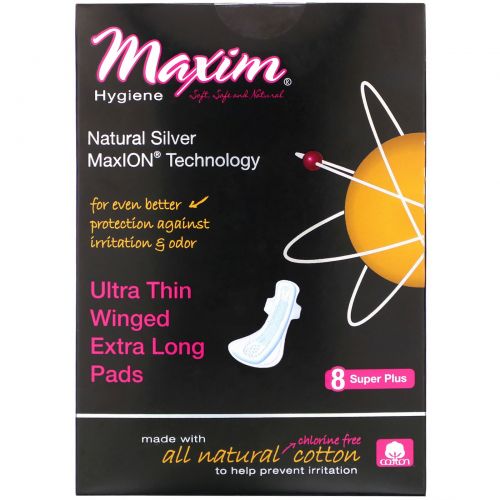 Maxim Hygiene Products, Ultra Thin Winged Extra Long Pads, Natural Silver MaxION Technology, Super Plus, 8 Pads