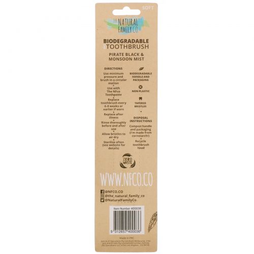 The Natural Family Co., Biodegradable Cornstarch Toothbrush, Soft, 2 Toothbrushes