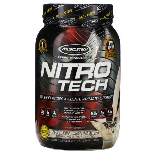 Muscletech, Nitro-Tech, сывороточный изолят + наращивание сухой мышечной массы, со вкусом печенья с кремом, 2,00 фунта (907 г)