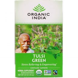 Organic India, Чай Tulsi Священный базалик, Зеленый чай, 18 пакетиков для настаивания, 1.21 унций (32.2 г)