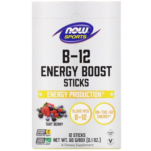 Now Foods, Sports, B-12 Energy Boost, батончики, ягодный вкус, 10 000 мкг, 12 шт., 60 г (2,1 унции)