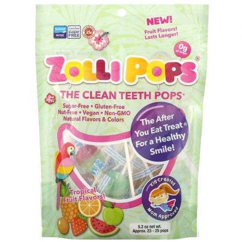 Zollipops, The Clean Teeth Pops,  Tropical Fruits, 23-25 Pops, 5.2 oz