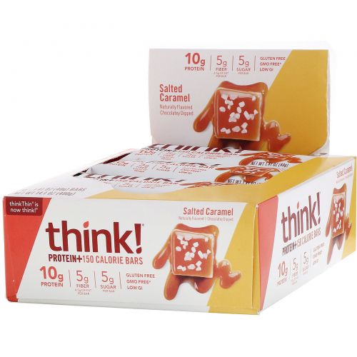 ThinkThin, Protein & Fiber Bars. Salted Caramel, 10 Bars, 1.41 oz (40 g) Each