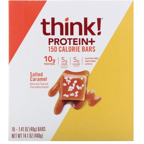 ThinkThin, Protein & Fiber Bars. Salted Caramel, 10 Bars, 1.41 oz (40 g) Each