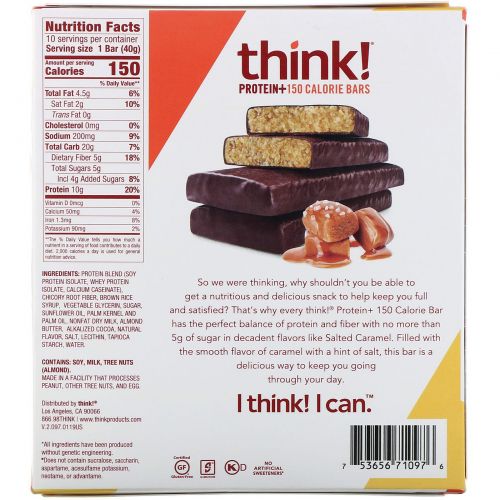 ThinkThin, Protein & Fiber Bars. Salted Caramel, 10 Bars, 1.41 oz (40 g) Each