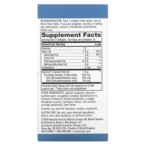 Enzymatic Therapy, Eskimo-3, натуральный стабильный рыбий жир, 225 капсул
