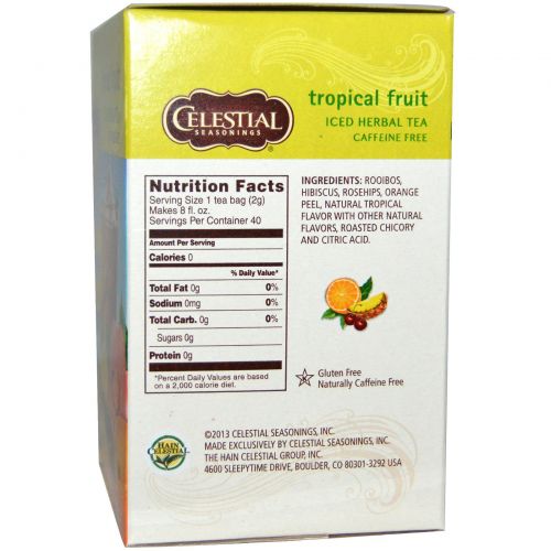 Celestial Seasonings, Холодный травяной чай Iced Herbal Tea, без кофеина, тропический фрукт, 40 пакетиков, 91 г