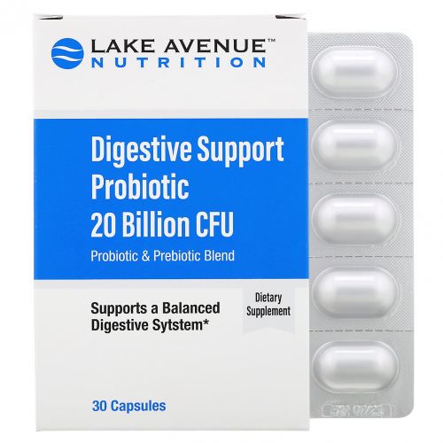 Lake Avenue Nutrition, Digestive Support Probiotic, Probiotic & Prebiotic Blend, 20 Billion CFUs, 30 Capsules