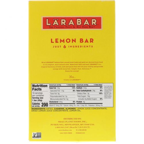 Larabar, Лимонный батончик, 16 батончиков, 1,6 унции (45 г) каждый