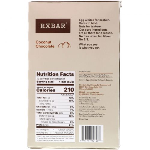 RXBAR, Protein Bars, Coconut Chocolate, 12 Bars, 1.83 oz (52 g) Each