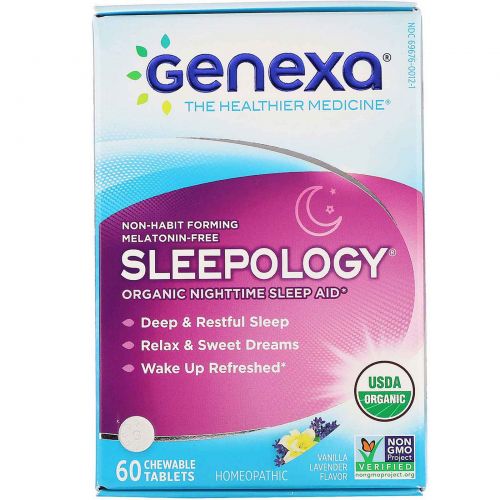 Genexa LLC, Sleepology, Organic Nighttime Sleep Aid, Vanilla Lavender Flavor, 60 Chewable Tablets