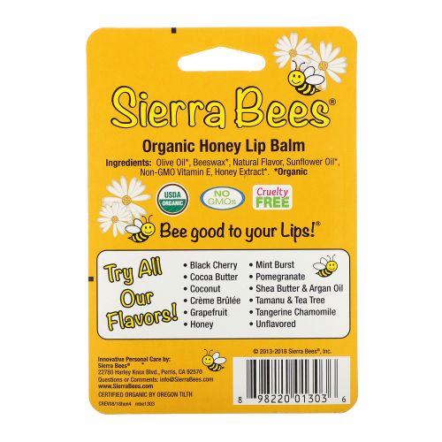 Sierra Bees, Органические бальзамы для губ, мед, 4 в упаковке, 4,25 г (0,15 унц.) каждый